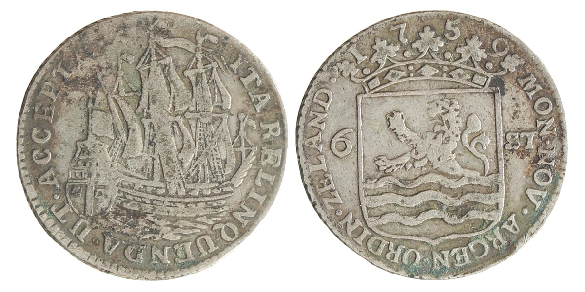 6 Stuivers Scheepjesschelling. Zeeland. 1759. Zeer Fraai -.