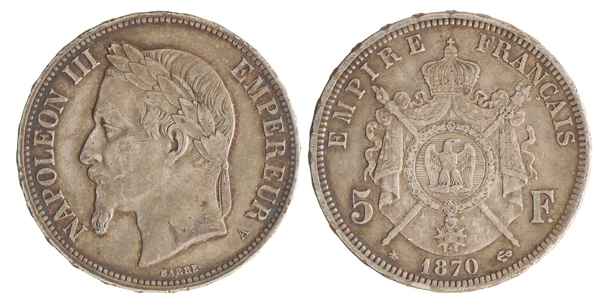 France. Second kingdom. Napoleon III. 5 Francs. 1870.