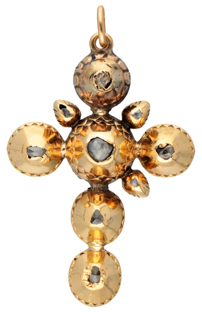 14 kt. Geelgouden antieke kruisvormige hanger bezet met diamant.