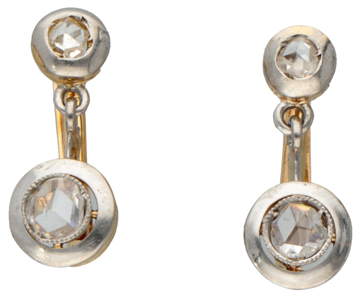 14 kt. Bicolor gouden antieke oorbellen bezet met diamant - meer dan 100 jaar oud.