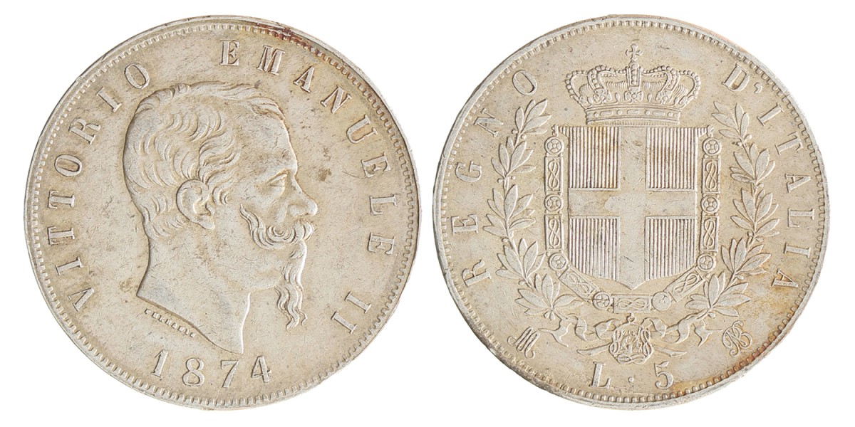 Italy. Kingdom. Victor Emmanuele II. 5 Lire. 1874.