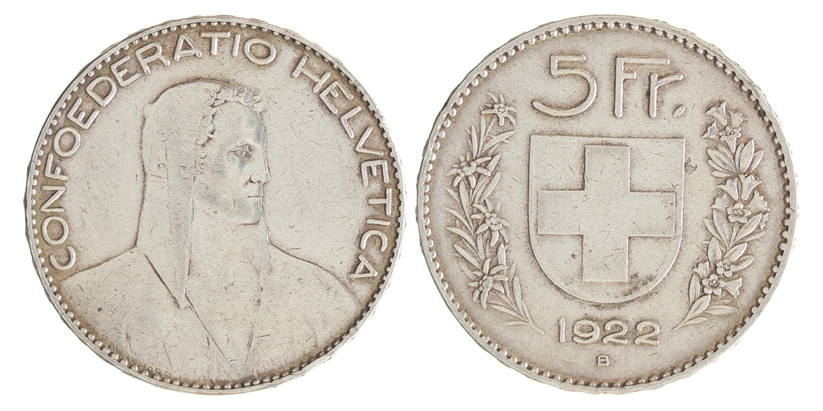 Switzerland. 5 Francs. 1922 B.