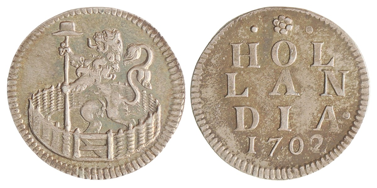 Duit. Afslag in zilver. Holland. 1702. Zeer Fraai +.