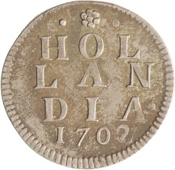 Duit. Afslag in zilver. Holland. 1702. Zeer Fraai +.