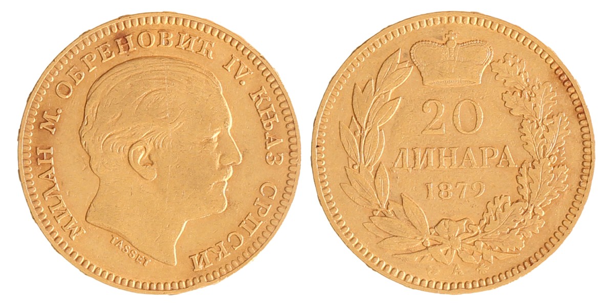 Serbia. Milan IV. 20 Dinara. 1879.