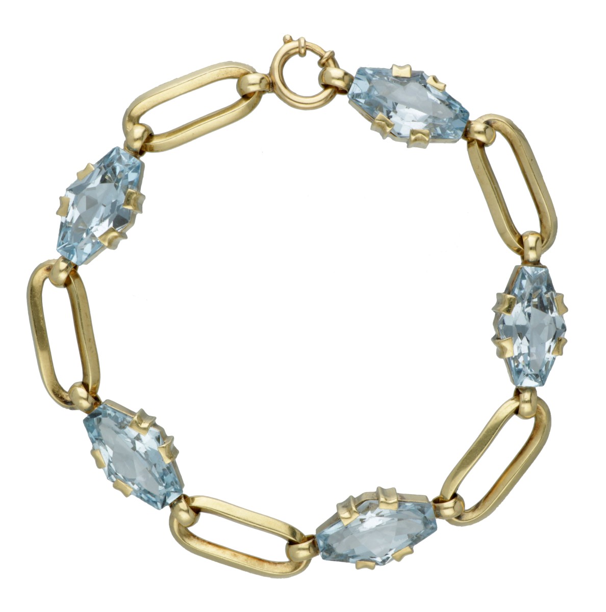 14 kt. Geelgouden schakelarmband bezet met synthetische spinel.
