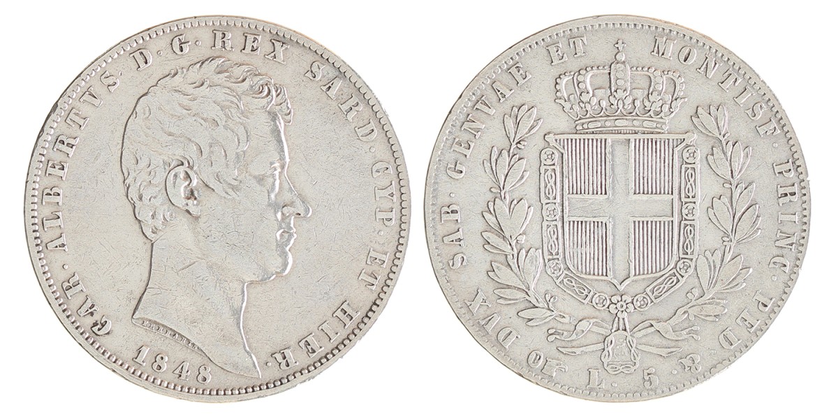 Italian states. Sardinia. Carlo Alberto. 5 Lire. 1848 P.