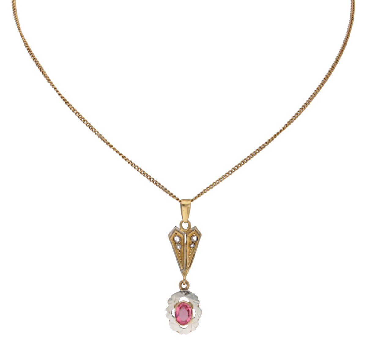 18 kt. Bicolor gouden collier bezet met ca. 0.38 ct. tourmalijn.