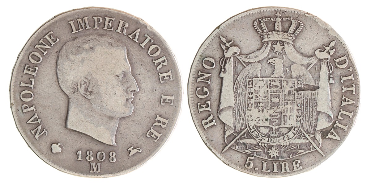 Italian states. Napoleonic kingdom. Napoleon. 5 Lire. 1808 M.