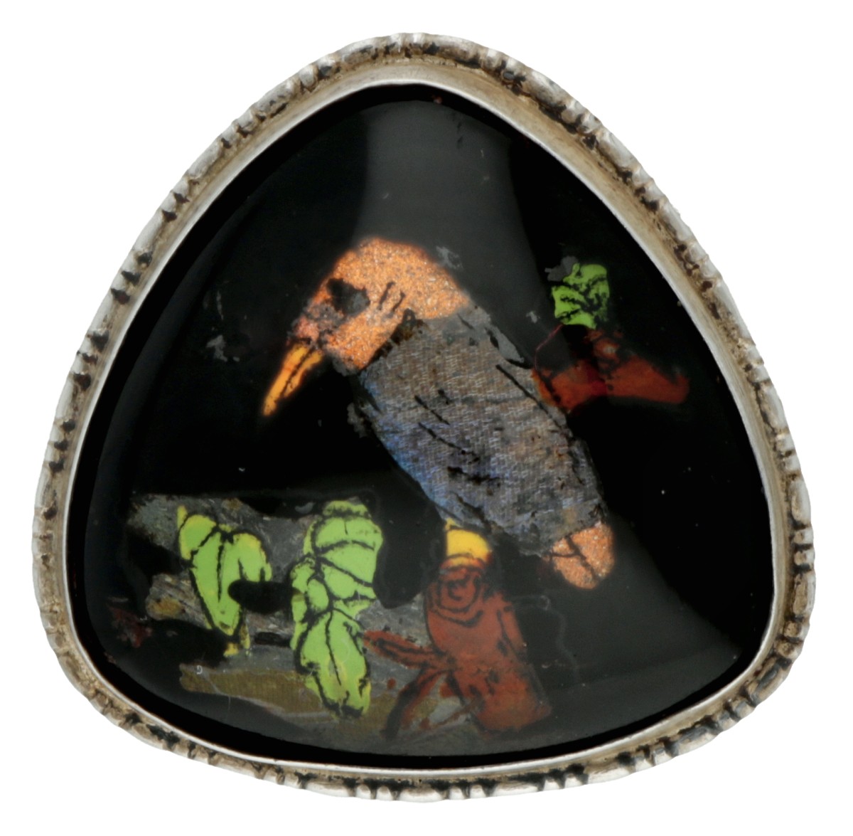Sterling zilveren broche voorzien van handgeschilderde plaquette van een vogel.