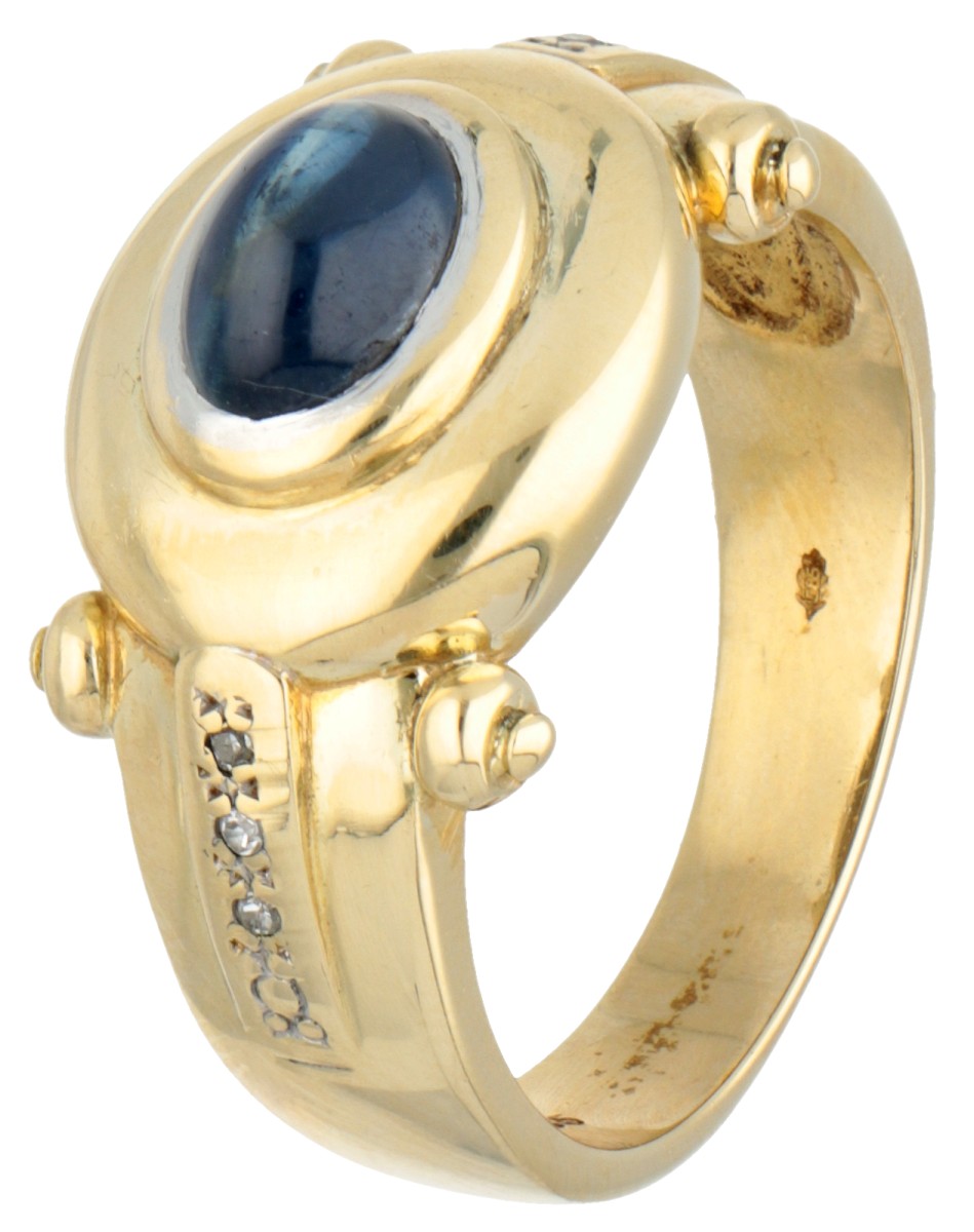 Vintage 14 kt. geelgouden ring bezet met ca. 1.47 ct. natuurlijke saffier en diamant.