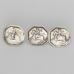 5-delig lot knopen met ruitertjes (o.a. Nederland, Meppel, Gerrit Boomsma 1744-1788) zilver.