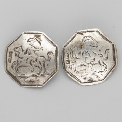 5-delig lot knopen met ruitertjes (o.a. Nederland, Meppel, Gerrit Boomsma 1744-1788) zilver.
