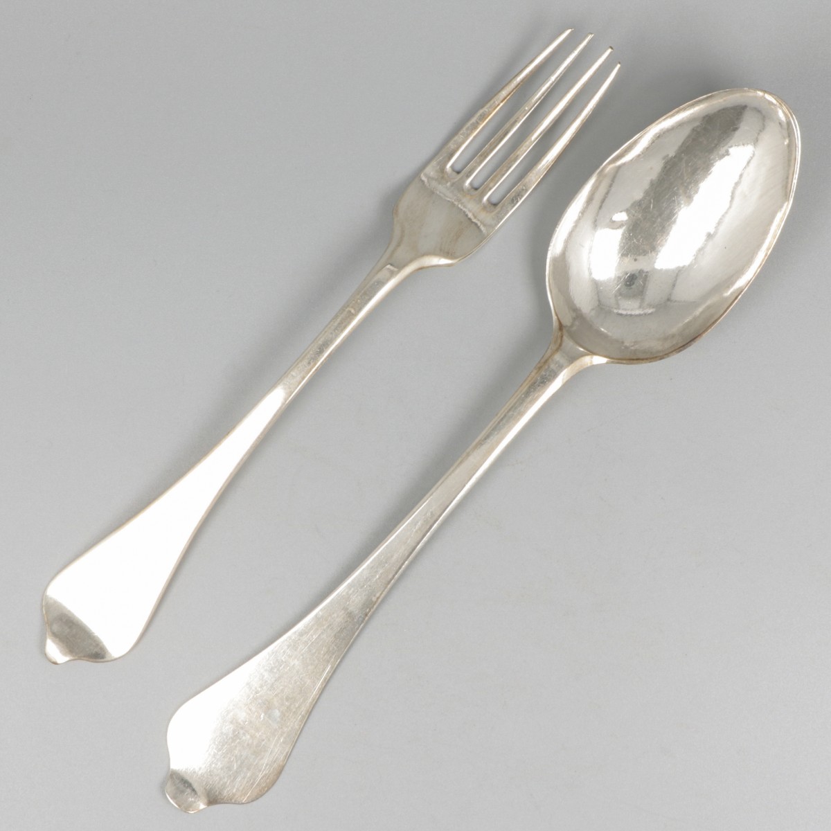 Lepel & vork (Rotterdam, Louis de Haan 1742-1781 & Douwe Eysma 1753-1796) zilver.