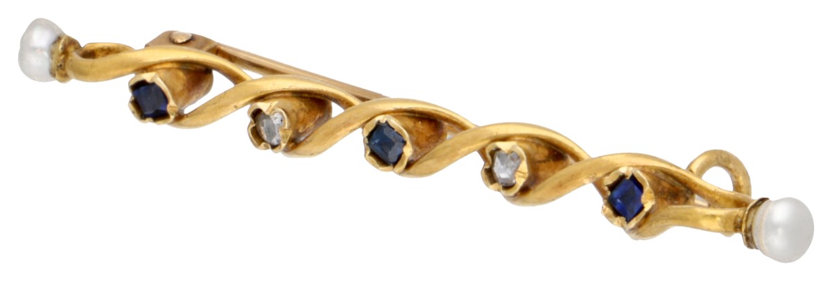 Antieke 14 kt. geelgouden broche bezet met saffier en diamant.