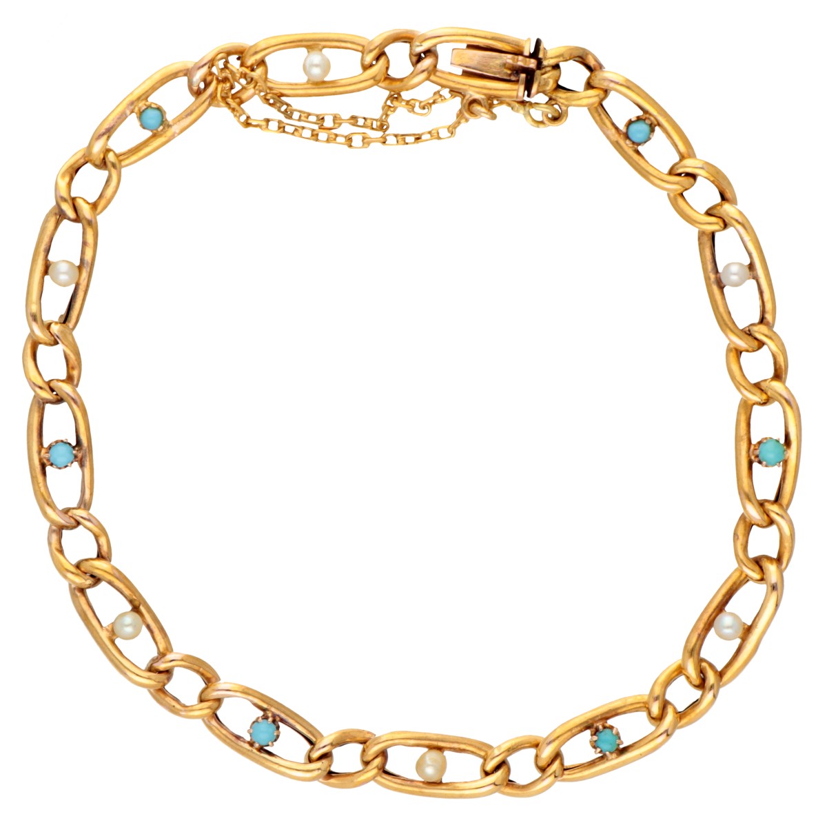 Vintage 18K geelgouden schakelarmband bezet met zaadparels en blauwe stenen.
