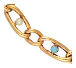 Vintage 18K geelgouden schakelarmband bezet met zaadparels en blauwe stenen.