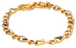 Vintage 18K geelgouden schakelarmband bezet met zaadparels en blauwe stenen.
