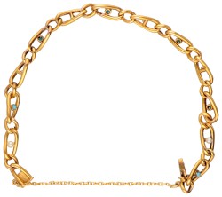 Vintage 18K geelgouden schakelarmband bezet met zaadparels en blauwe stenen.