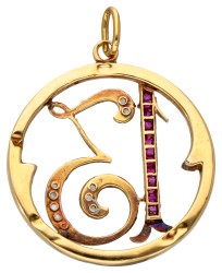 Antieke 14 kt. bicolor gouden 'lucky number 13' hanger bezet met diamant en synthetische robijn.