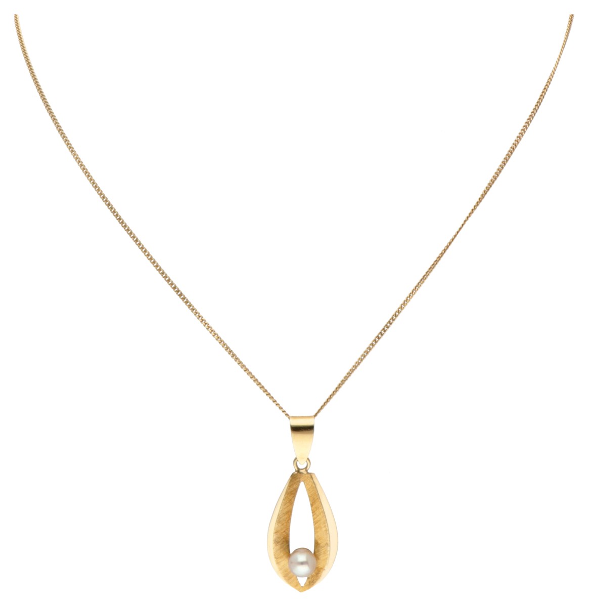 14 kt. Geelgouden collier met hanger bezet met een parel.