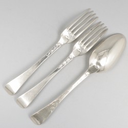 Dinerlepel & 2 vorken ('s-Gravenhage, Reynier de Haan 1731-1783) zilver.