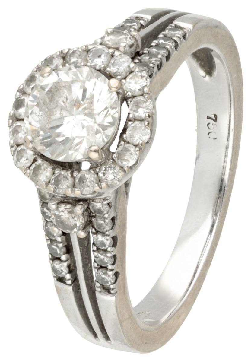 18 kt. Witgouden 'halo' ring bezet met ca. 0.94 ct. diamant.