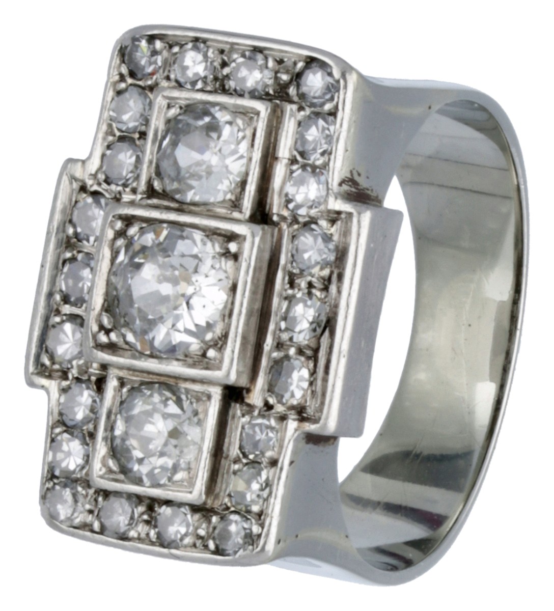 18 kt. Witgouden art deco tank ring bezet met ca. 1.30 ct. diamant.