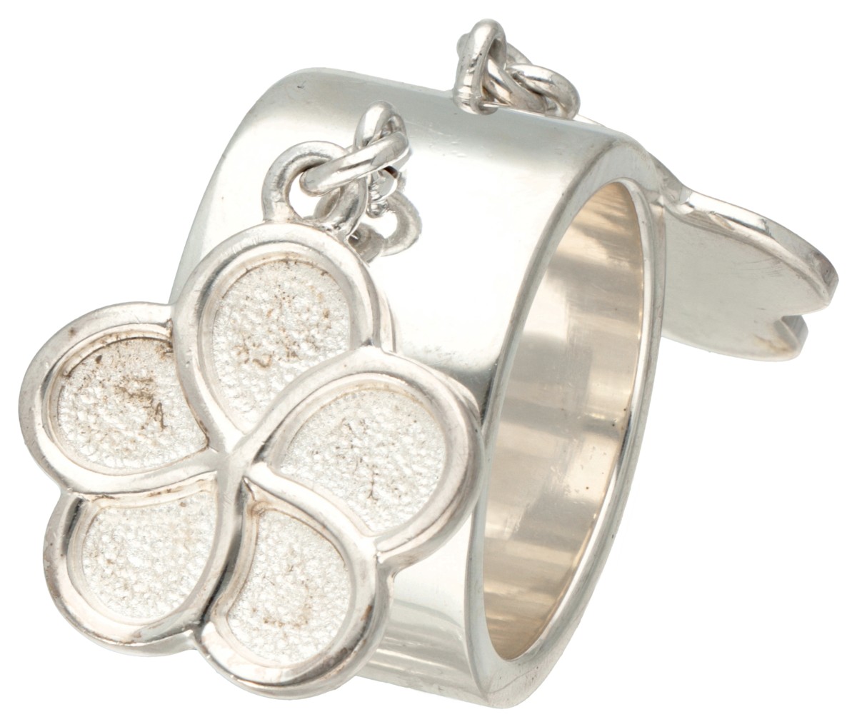 Sterling zilveren Christofle band ring met twee bloemvormige bedels.