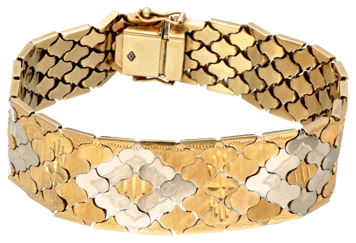 Retro 14 kt. bicolor gouden rijkelijk gedecoreerde Italiaanse armband.