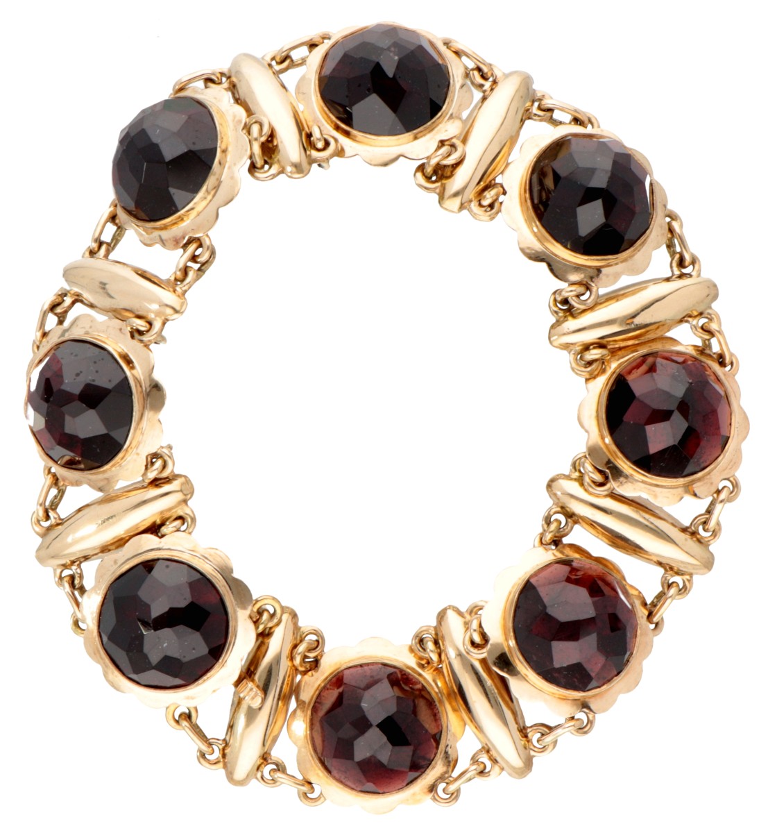 Vintage 14 kt. geelgouden bootjes armband bezet met granaat.