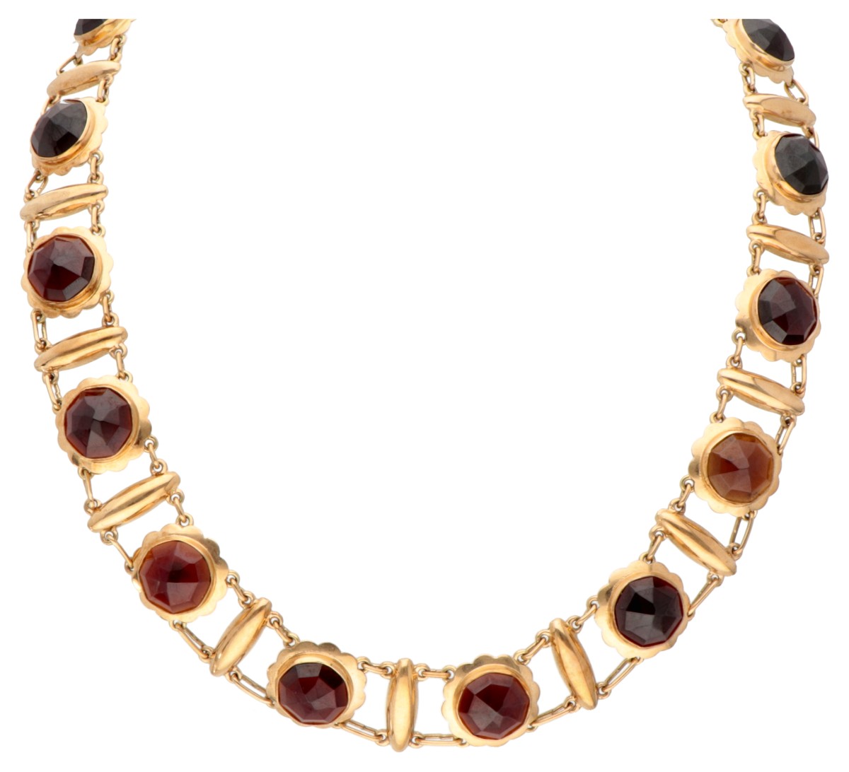Vintage 14 kt. geelgouden bootjesketting bezet met granaat.