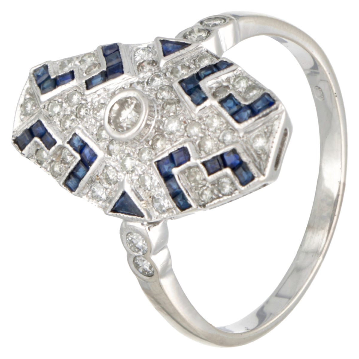 18 kt. Witgouden art deco ring bezet met ca. 0.36 ct. diamant en natuurlijk saffier.