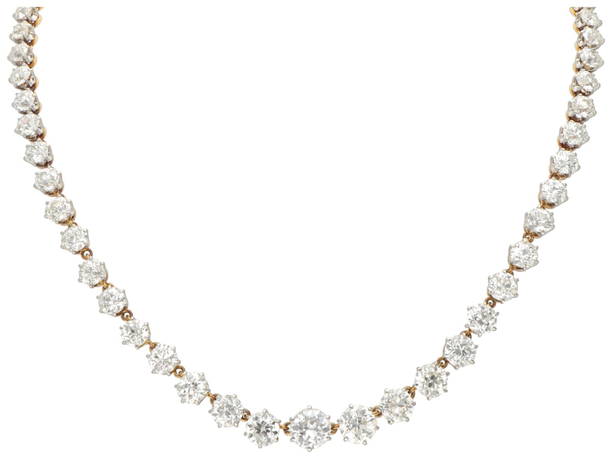 Antieke 18 kt. en Pt 950 bicolor gouden halsketting bezet met ca. 27.50 ct. diamant.