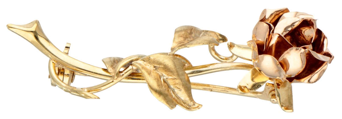 14 kt. Bicolor gouden roosvormige broche.