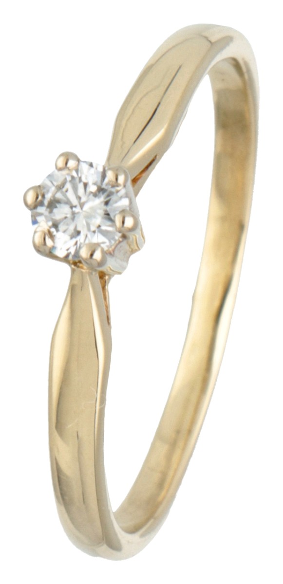 14 kt. Geelgouden solitair ring bezet met ca. 0.15 ct. diamant.