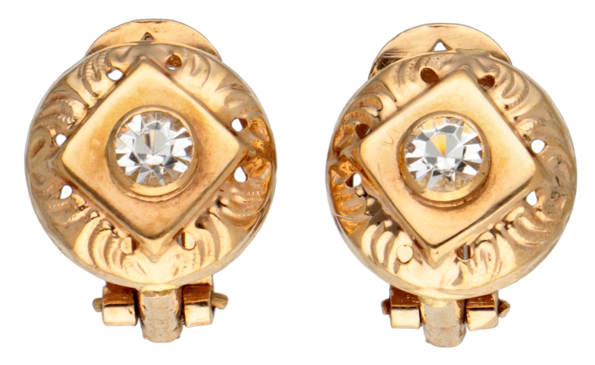 18 kt. Geelgouden oorclips bezet met strass stenen.