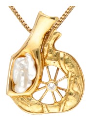 Helga Kordt 18K geelgouden Unica design hanger aan collier met diamant en barokke parel.
