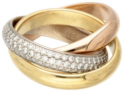 Klassieke 18 kt. tricolor gouden Cartier 'Trinity' ring bezet met ca. 1.40 ct. diamant.