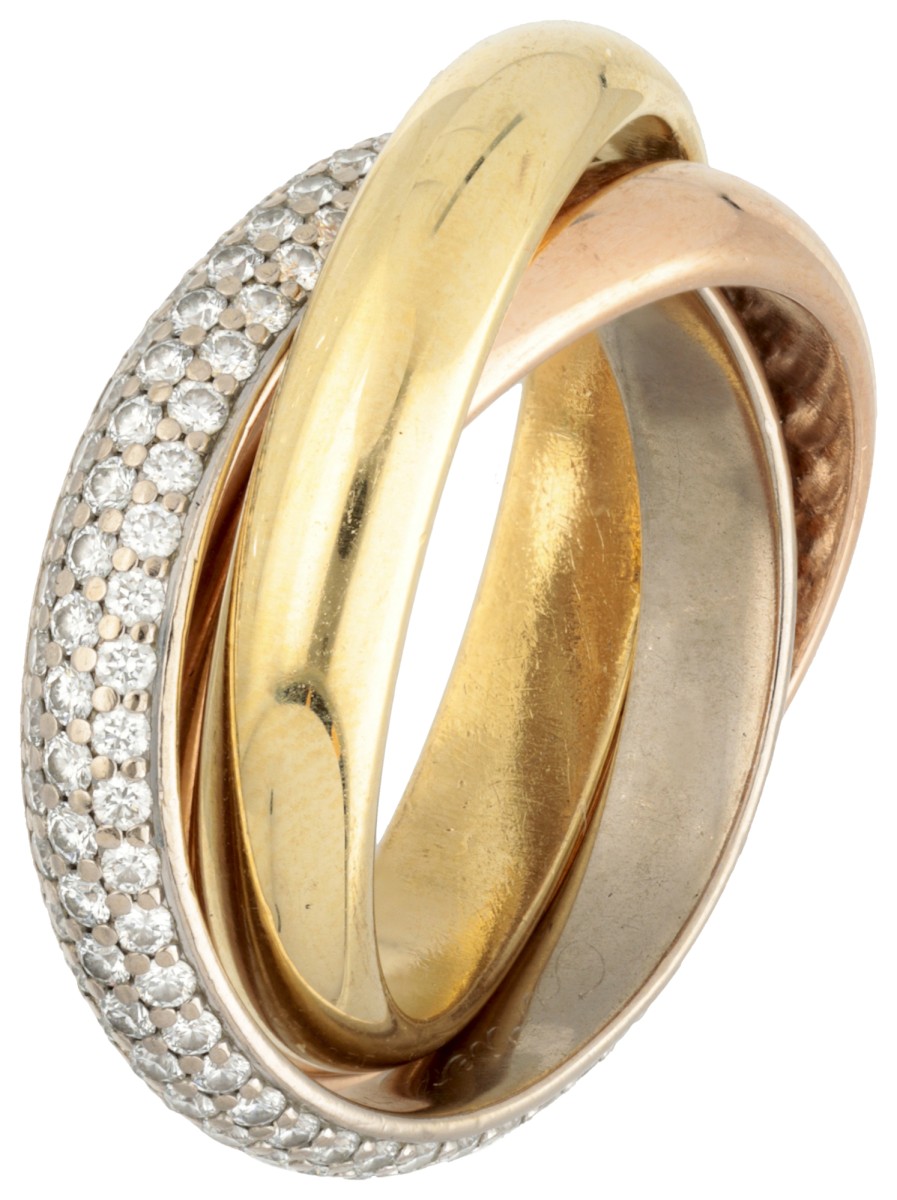 Klassieke 18 kt. tricolor gouden Cartier 'Trinity' ring bezet met ca. 1.40 ct. diamant.