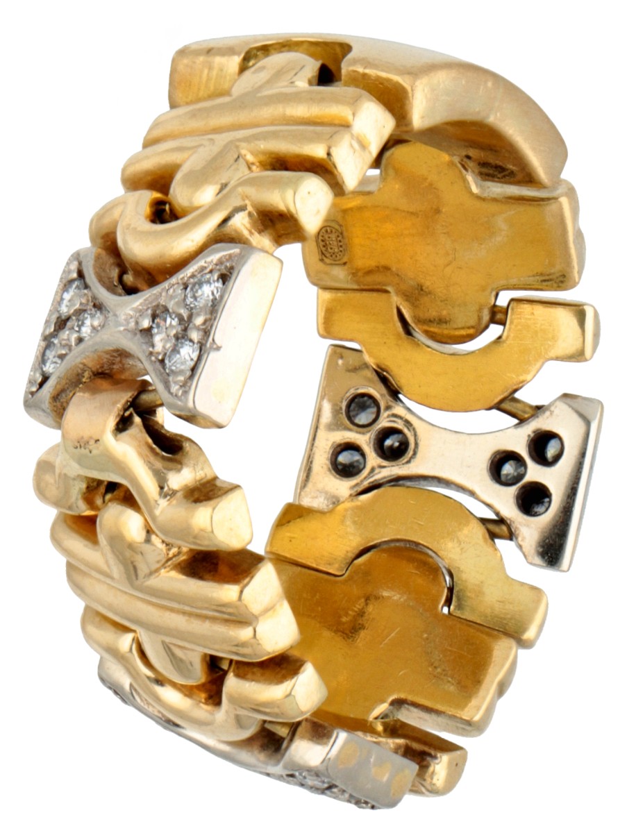 14 kt. Bicolor gouden flexibele ring bezet met ca. 0.15 ct. diamant.