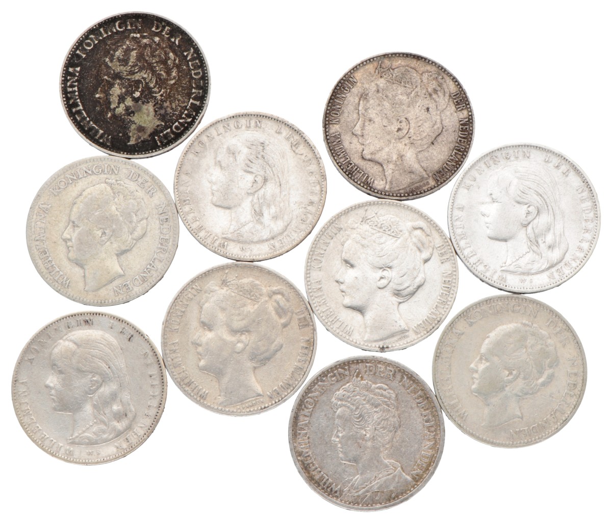Lot (10) 1 Gulden. Wilhelmina. Gemiddeld Zeer Fraai.