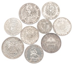 German states. Baden, Bavaria, Frankfurt, Prussia and Liechtenstein. Lot (9) silver coins.