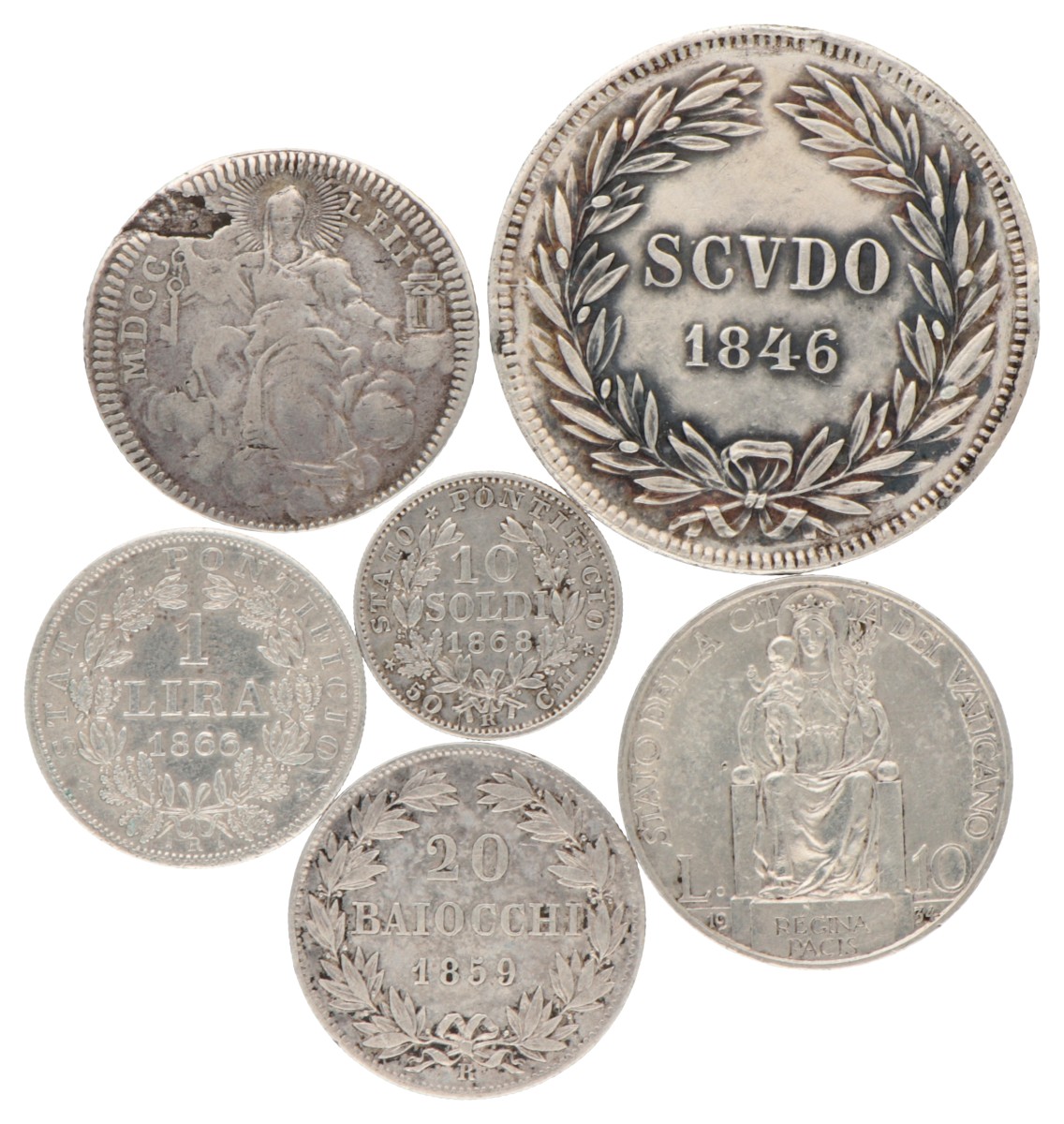 Italian states. Papal states. Lot (6) silver coins. 1753, 1846, 1859, 1866, 1868 and 1937.