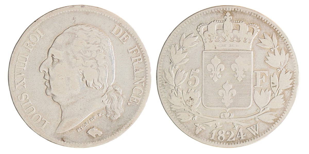 France. Second kingdom. Louis XVIII. 5 Francs. 1824 W.