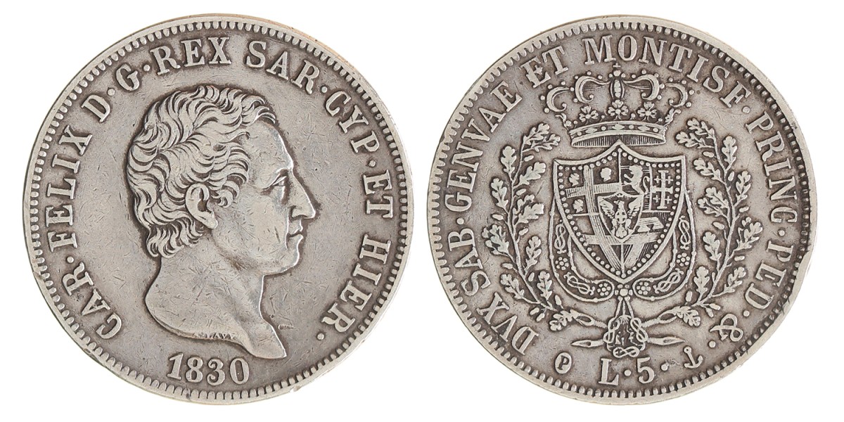 Italian states. Sardinia. Carlo Felice. 5 Lire. 1830 P.