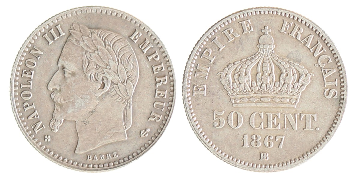 France. Second empire. Napoleon III. 50 Centimes. 1867 BB.