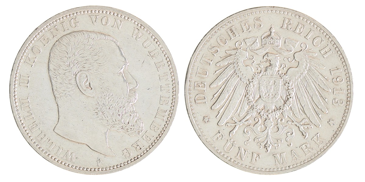 German states. Württemberg. Wilhelm II. 5 Mark. 1913 F.