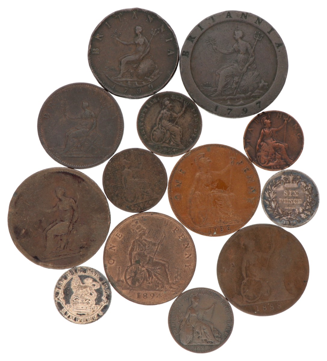 Great Britain. Lot (13) Mostly copper coins. Late 18th century - 20th century.