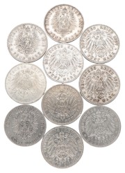 German states. Baden, Bavaria, Hamburg, Prussia and Saxony. Lot (10) 5 Mark. 1876 - 1907.